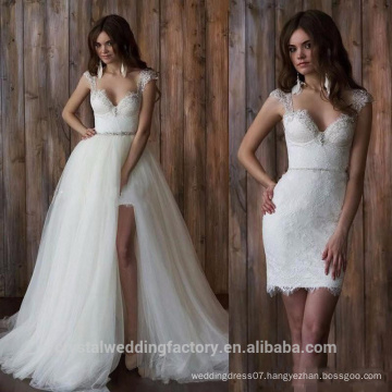 Cap Sleeve Open Back Detachable Skirt Two Piece White Lace Wedding Dresses MW2552